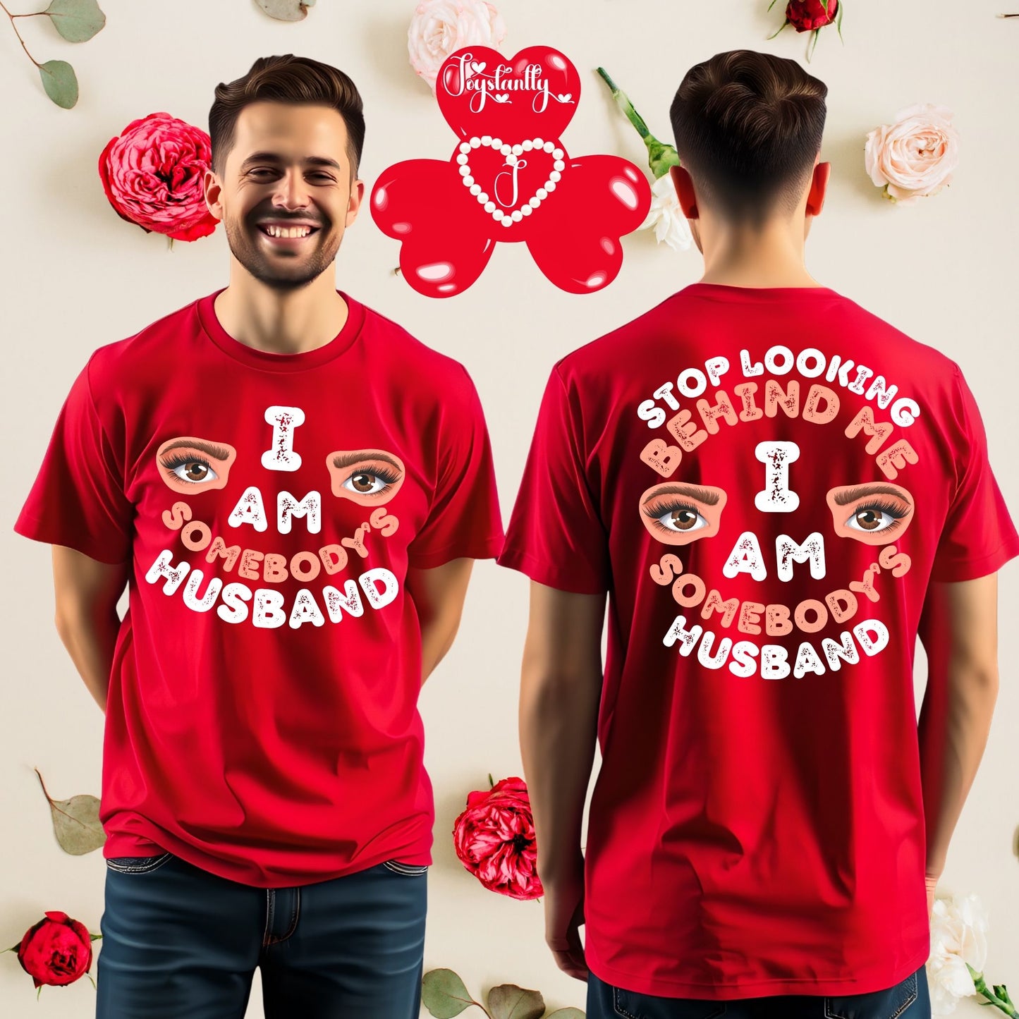 Red t-shirt with text and eye graphic worn by a person, with matching design on the back against a decorative background.