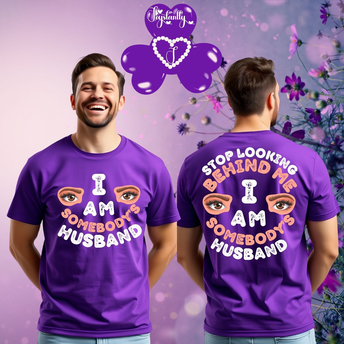 Two people wearing purple t-shirts with humorous text, set against a decorative background.