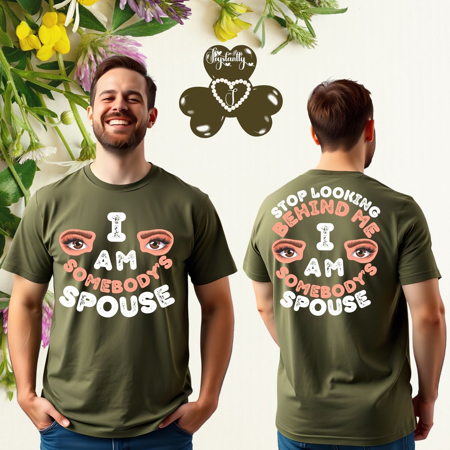 Person wearing a green t-shirt with a humorous message, surrounded by flowers and leaves.