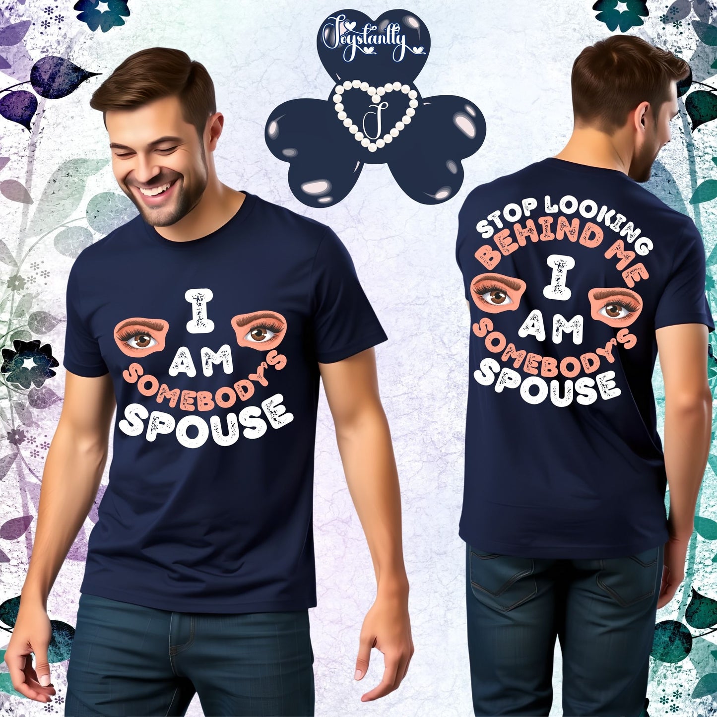 A man wearing a navy blue t-shirt with a humorous message, surrounded by flowers and leaves.