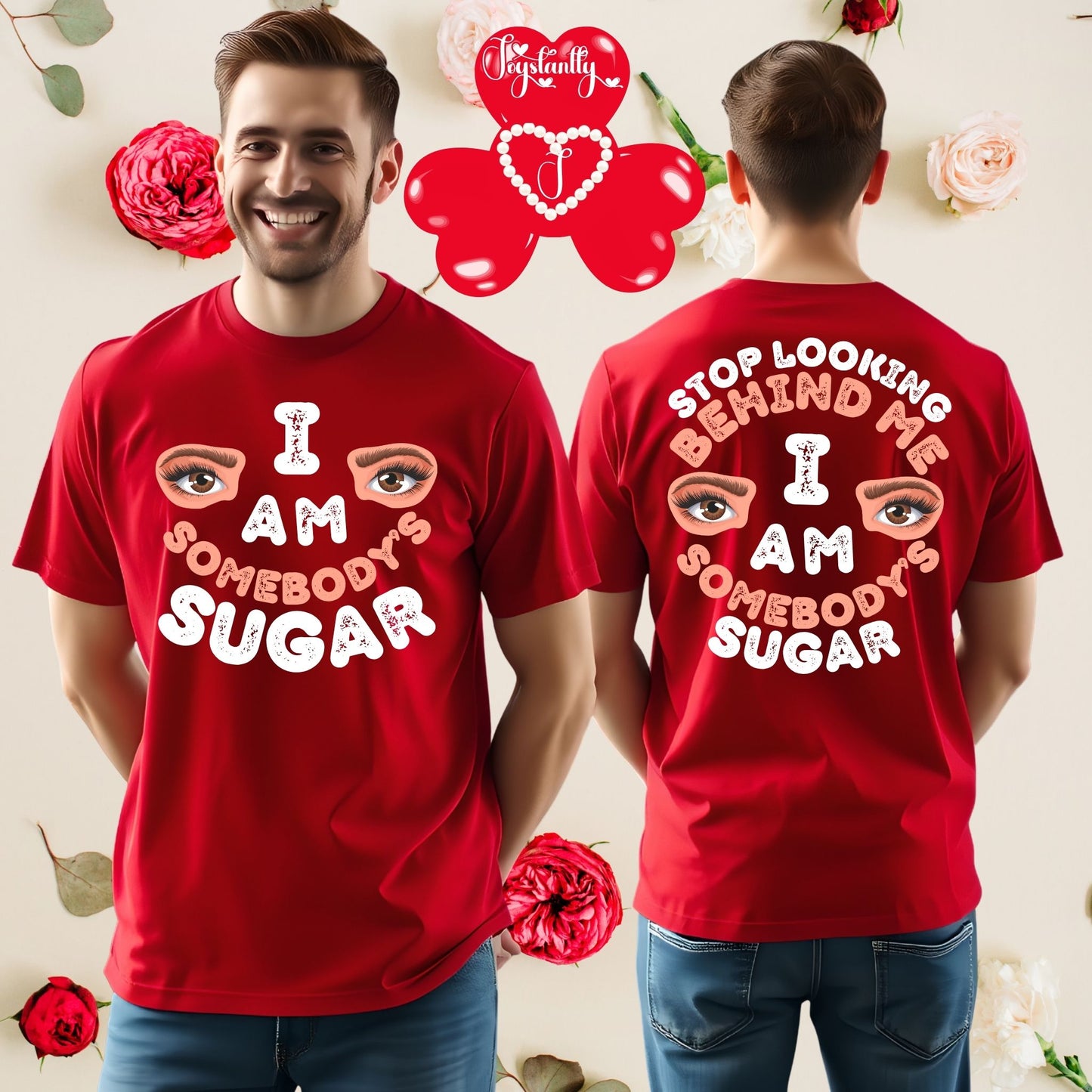 Two people wearing red t-shirts with humorous text and eye graphics, surrounded by decorative elements.