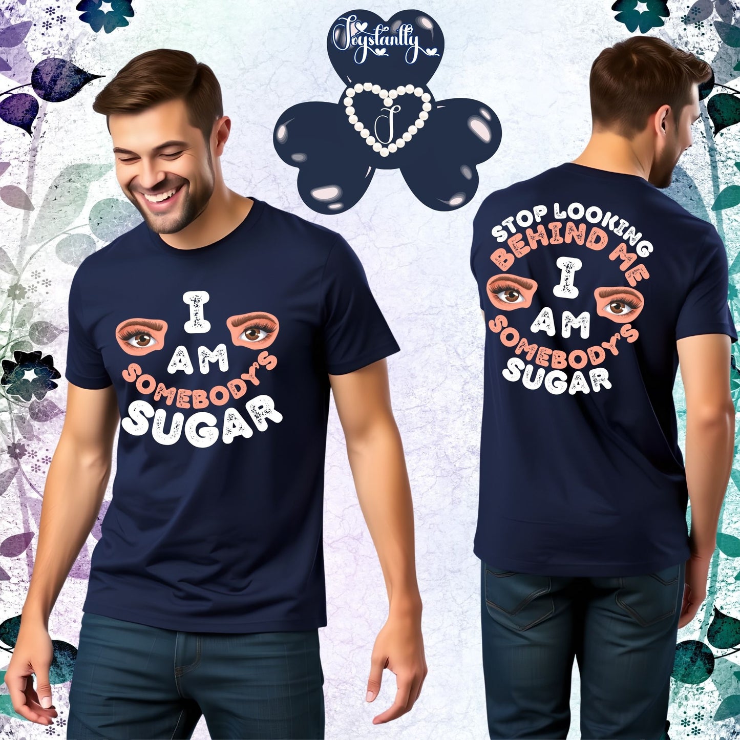 Navy blue t-shirt with colorful text and graphics worn by a model, displayed front and back.