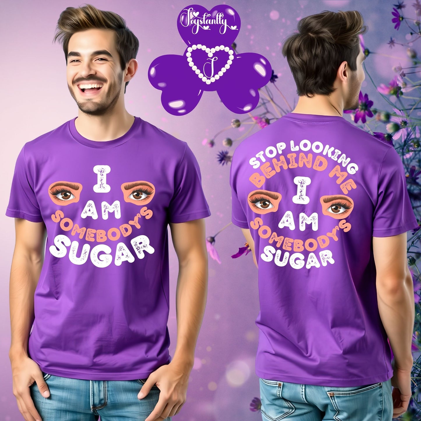 Purple t-shirt with text and eye graphics worn by a person, displayed front and back.