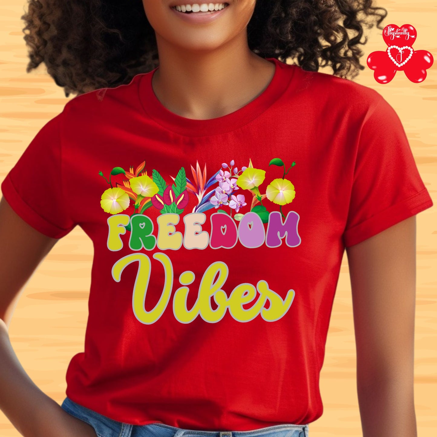 Motivational shirt. Person wearing a red t-shirt with 'Freedom Vibes' and floral designs on a wooden background