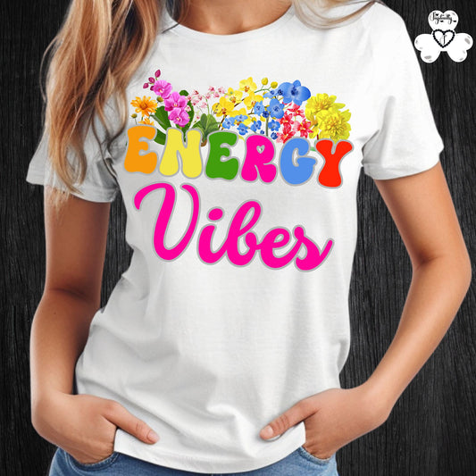 Motivational T-Shirt. White t-shirt with colorful 'ENERGY Vibes' text and floral design on a black background
