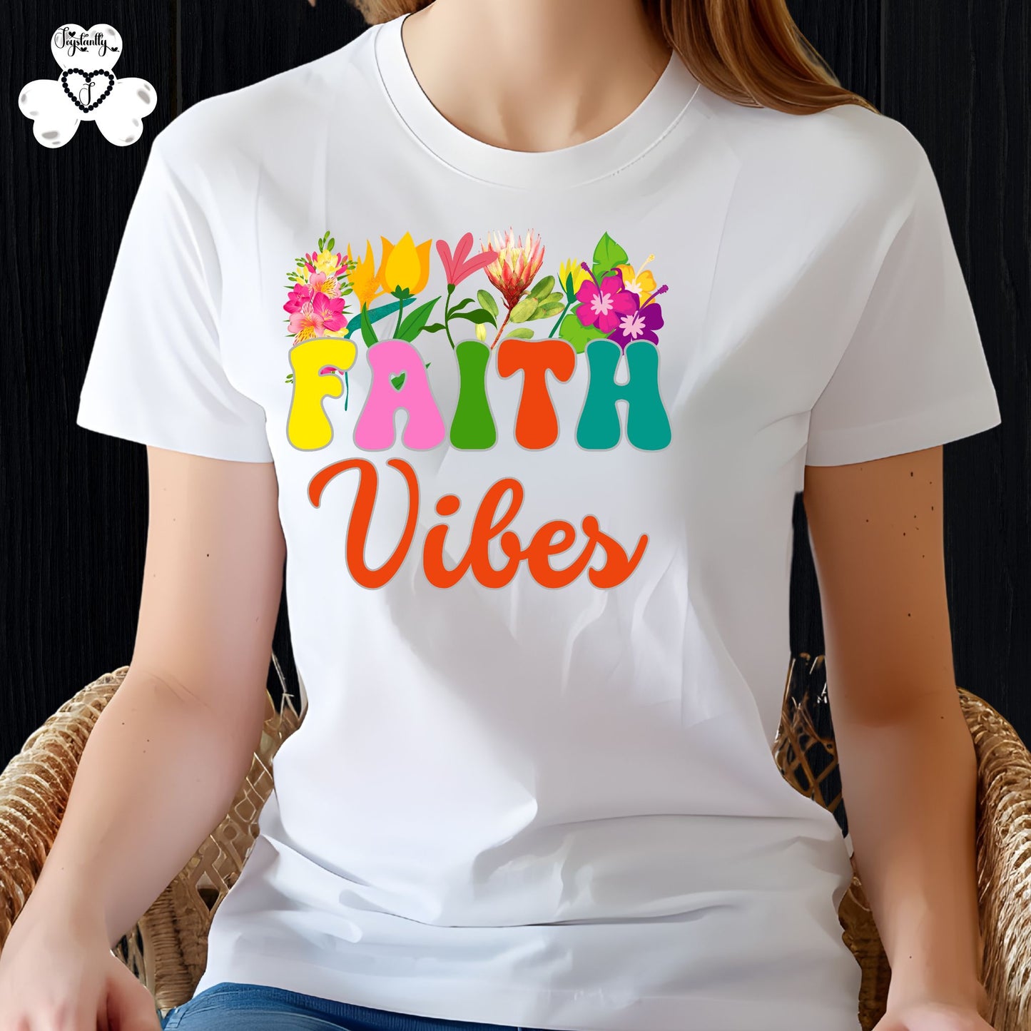 Motivational Shirts for Positive Affirmations. White t-shirt with colorful 'Faith Vibes' design on a person sitting on a wicker chair.