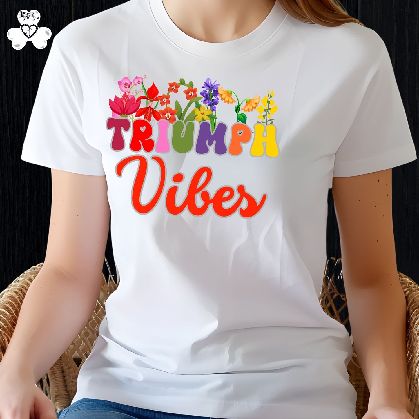 Motivational T-shirt for positive affirmations. White t-shirt with colorful 'Triumph Vibes' design on a person sitting in a chair.