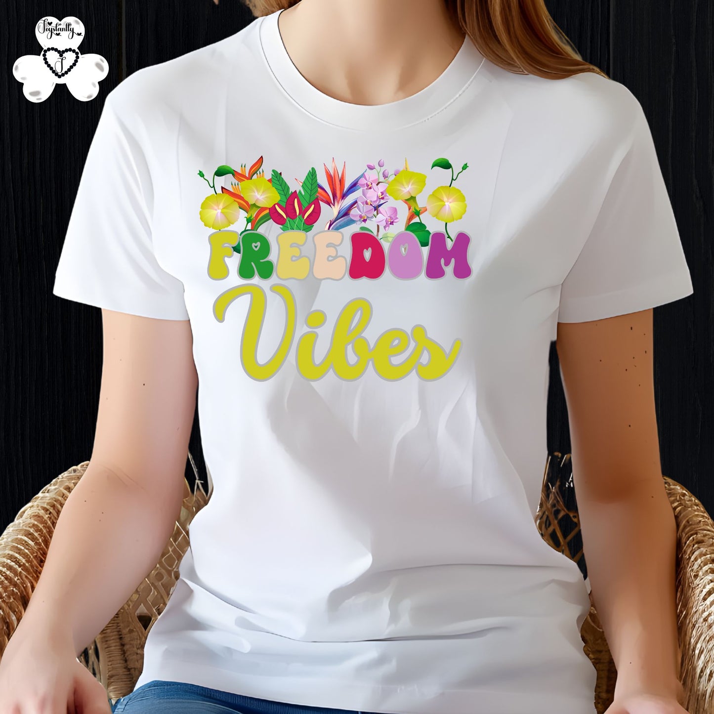 Motivational shirt. Person wearing a white t-shirt with colorful text and floral graphics.