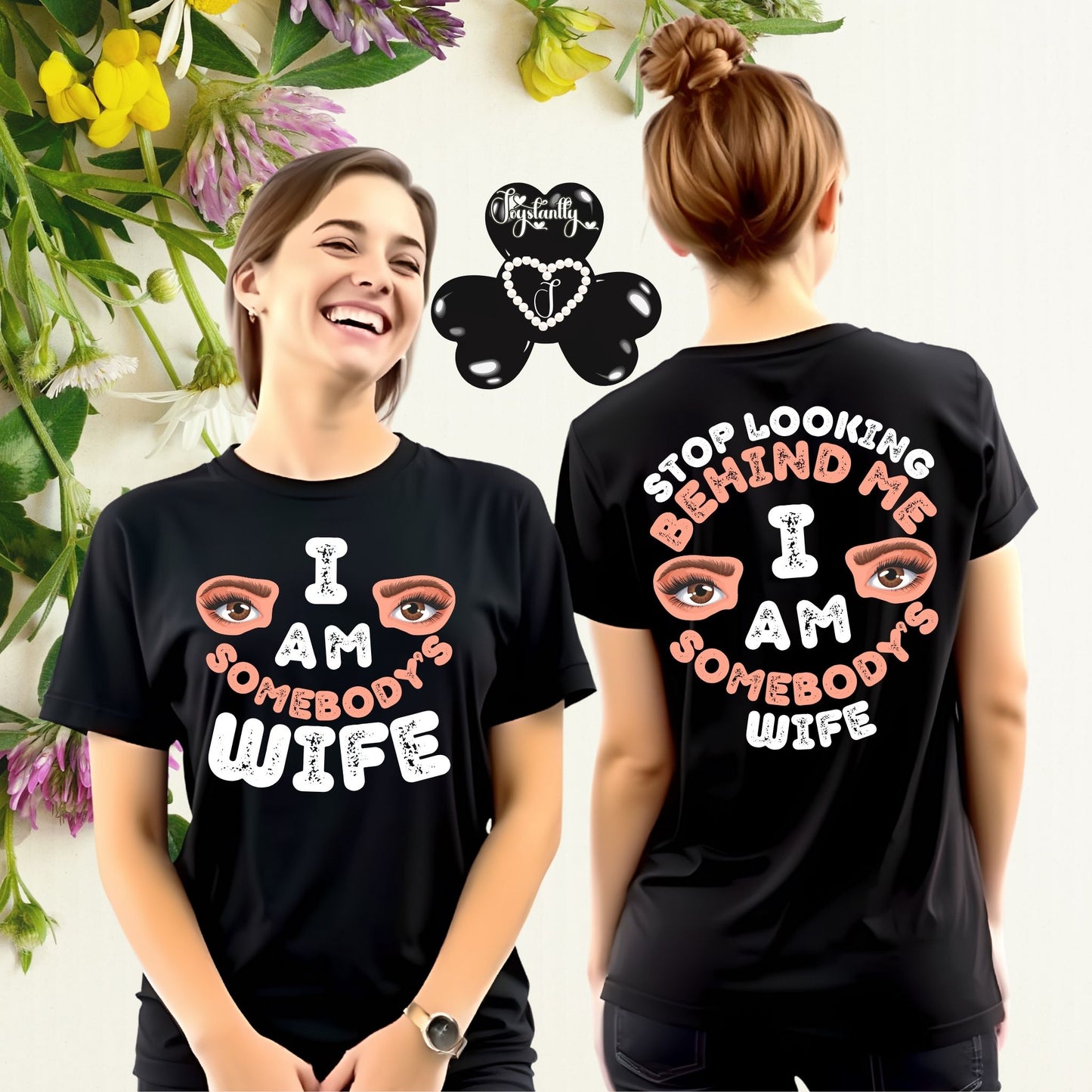 Two people wearing black t-shirts with humorous text, surrounded by flowers and decorative elements.