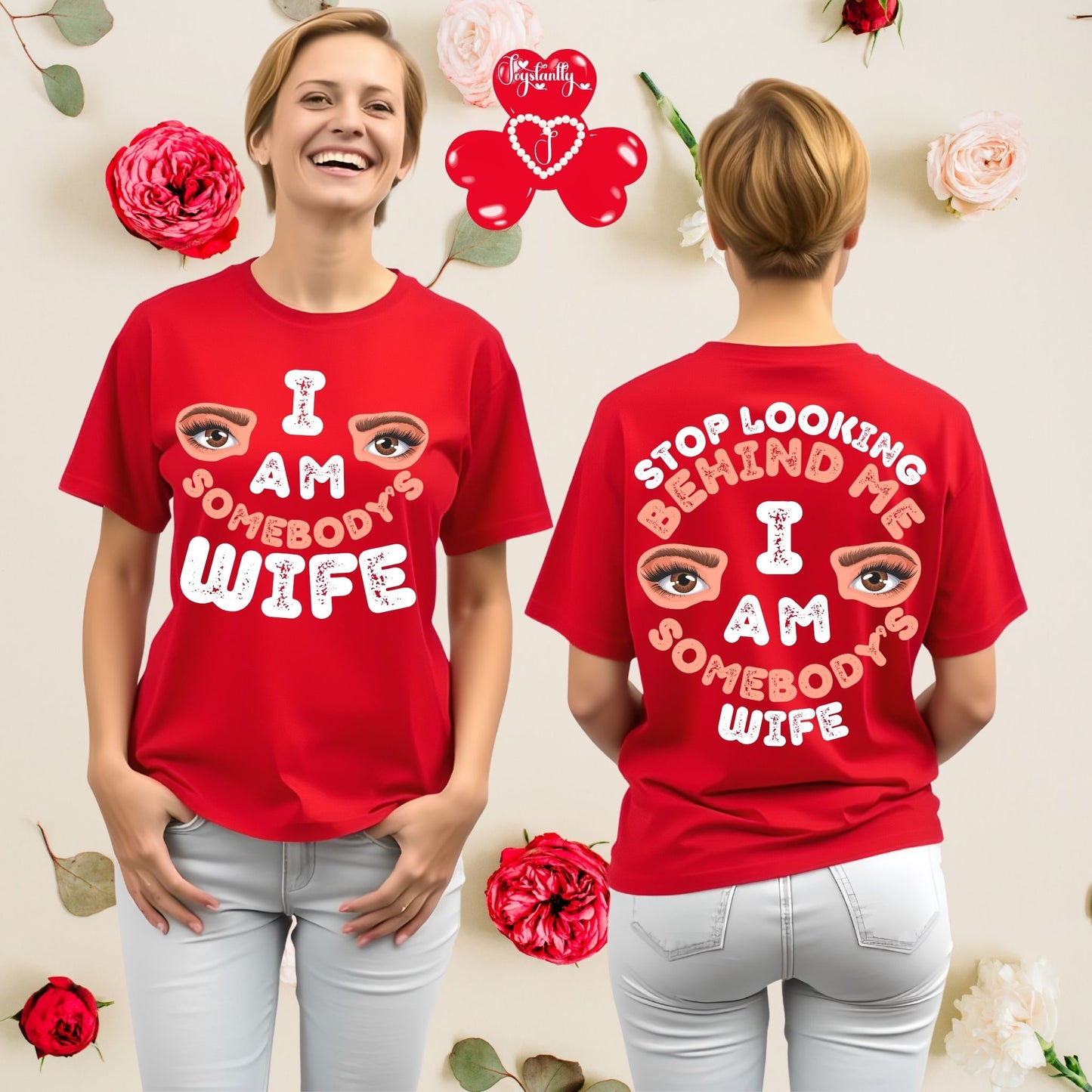 Two people wearing red t-shirts with humorous text, surrounded by decorative flowers.