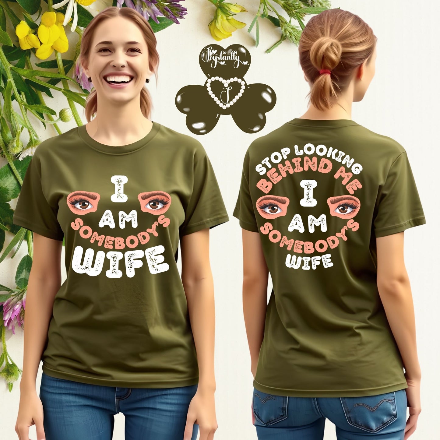 Two people wearing green t-shirts with a message, surrounded by flowers and leaves.