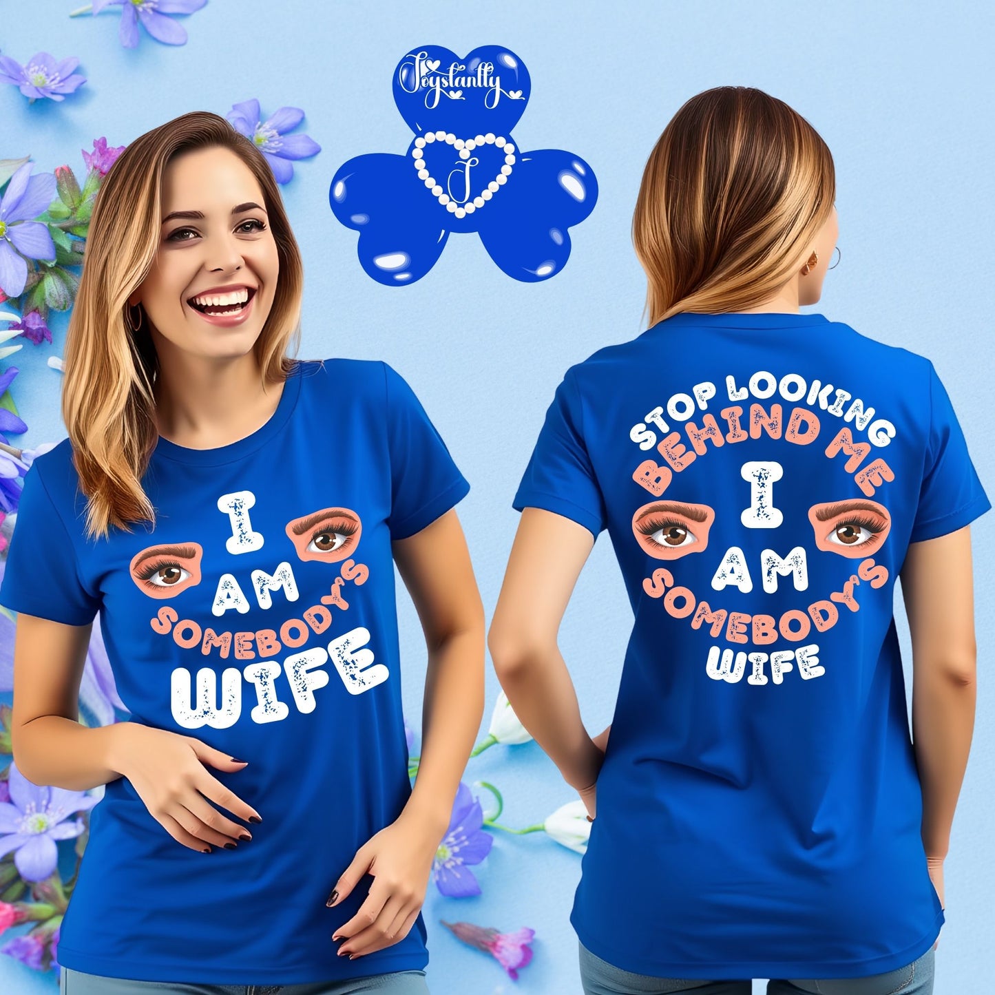 Woman wearing a blue t-shirt with a humorous message, standing against a floral background.