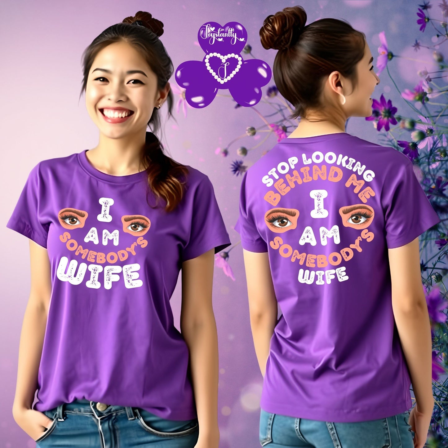 Woman wearing a purple t-shirt with text and eye graphics, standing against a decorative background.