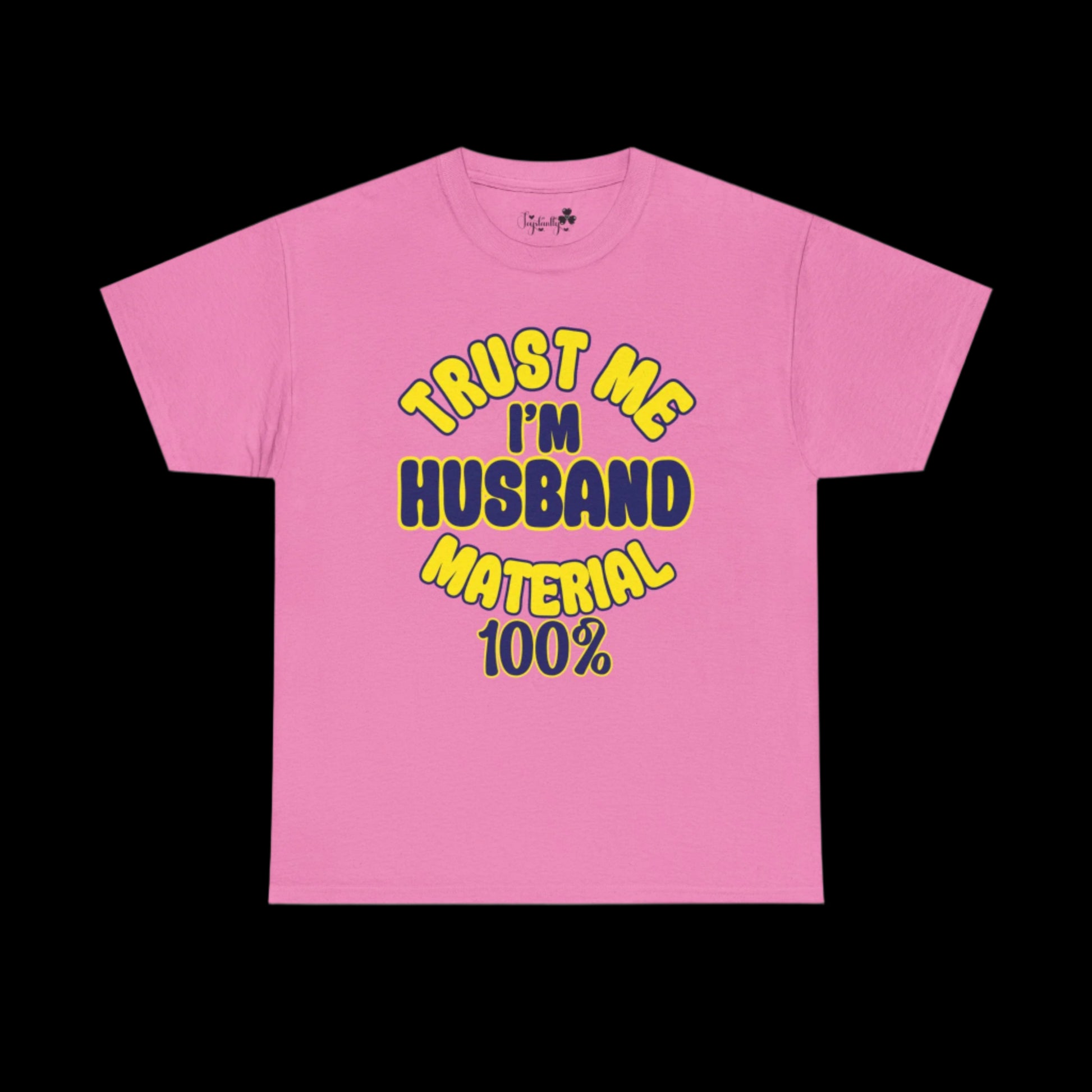Pink t-shirt with yellow and blue text on a white background