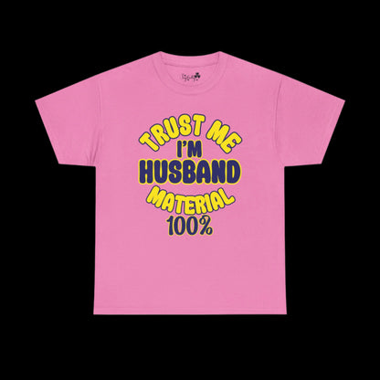Pink t-shirt with yellow and blue text on a white background