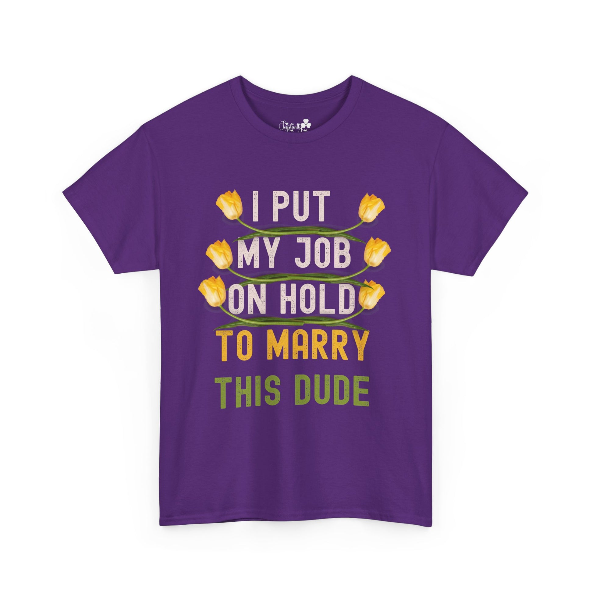 Purple t-shirt with yellow tulips and text on a white background