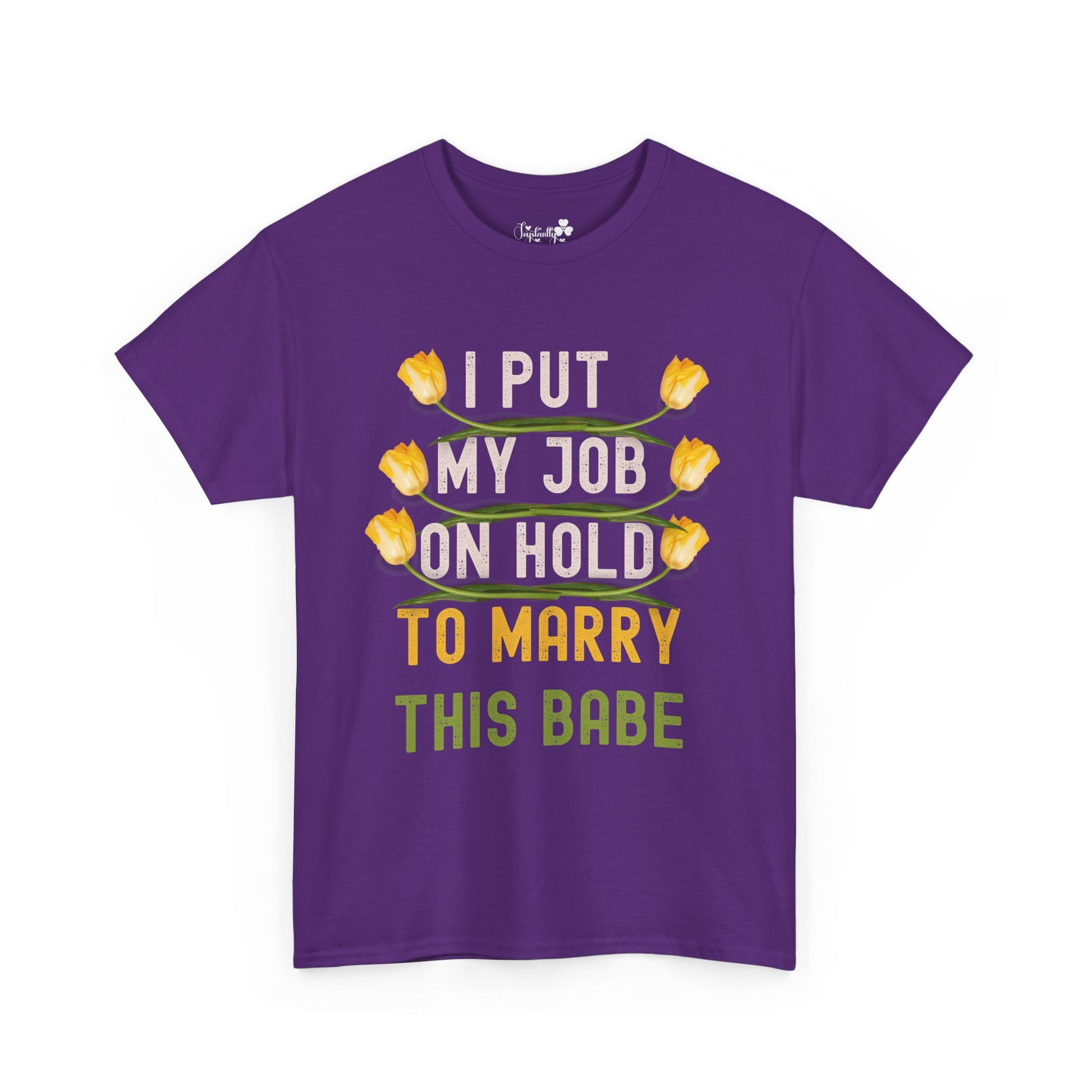 Purple t-shirt with yellow tulips and text on a white background