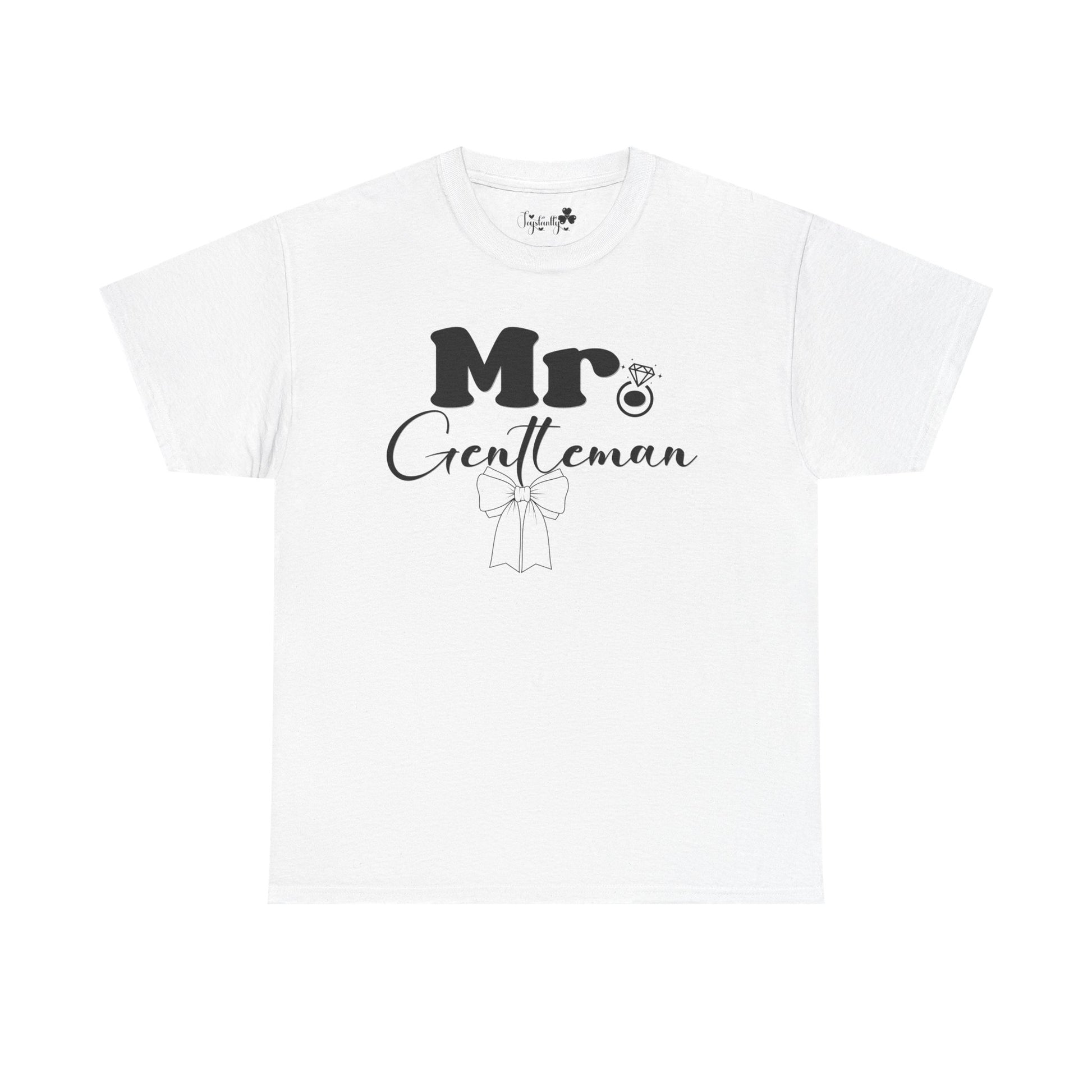 White t-shirt with 'Mr. Gentleman' text and graphic on a white background