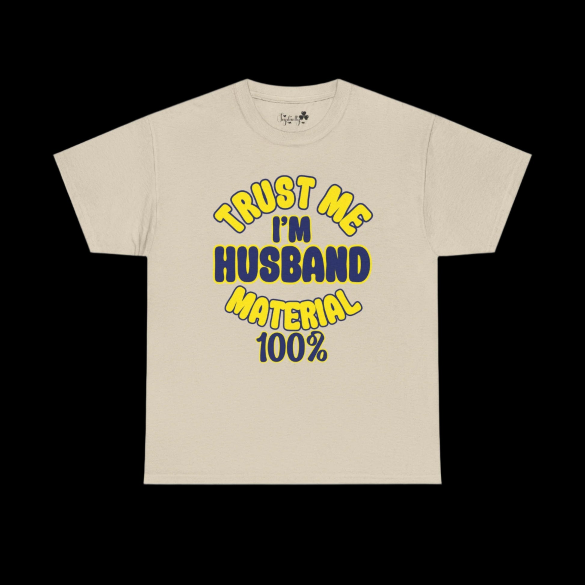 Beige t-shirt with yellow and blue text on a white background