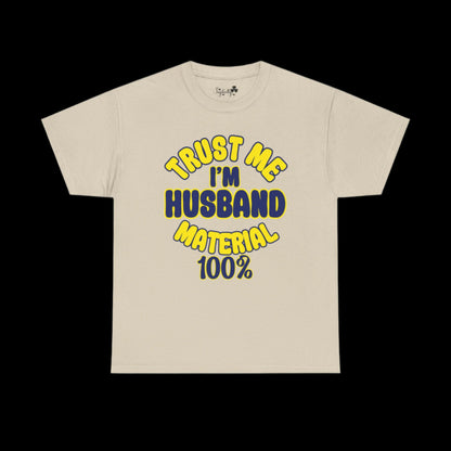 Beige t-shirt with yellow and blue text on a white background