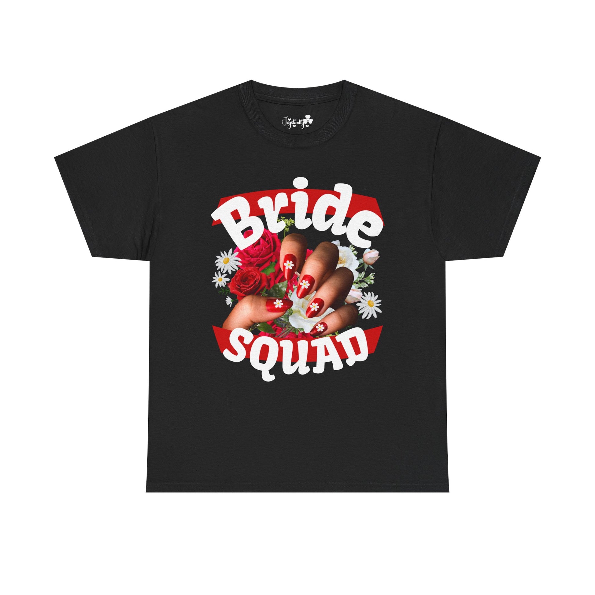 Black t-shirt with 'Bride Squad' design featuring roses and a hand on a white background