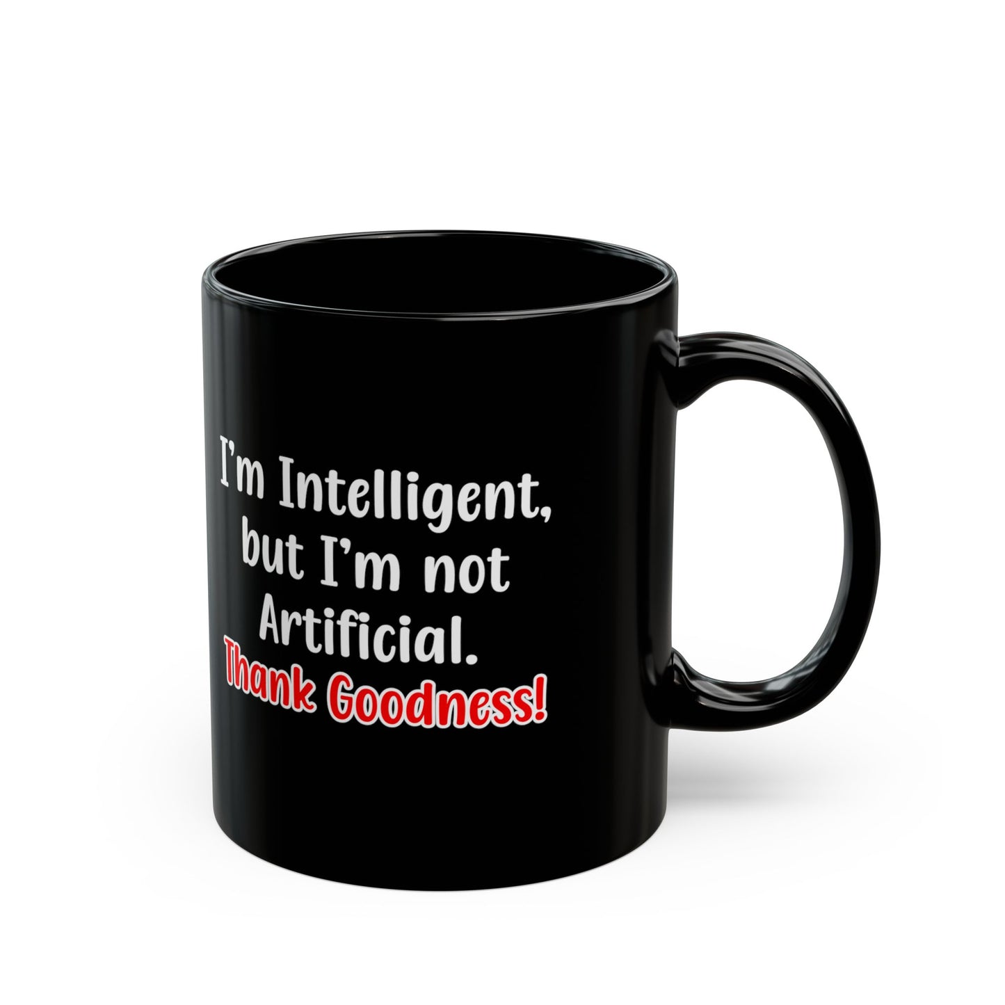 Black mug with humorous text on a white background