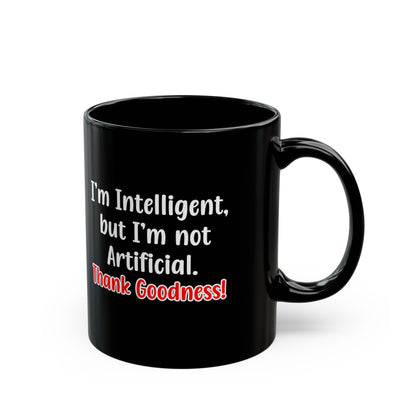 Black mug with humorous text on a white background