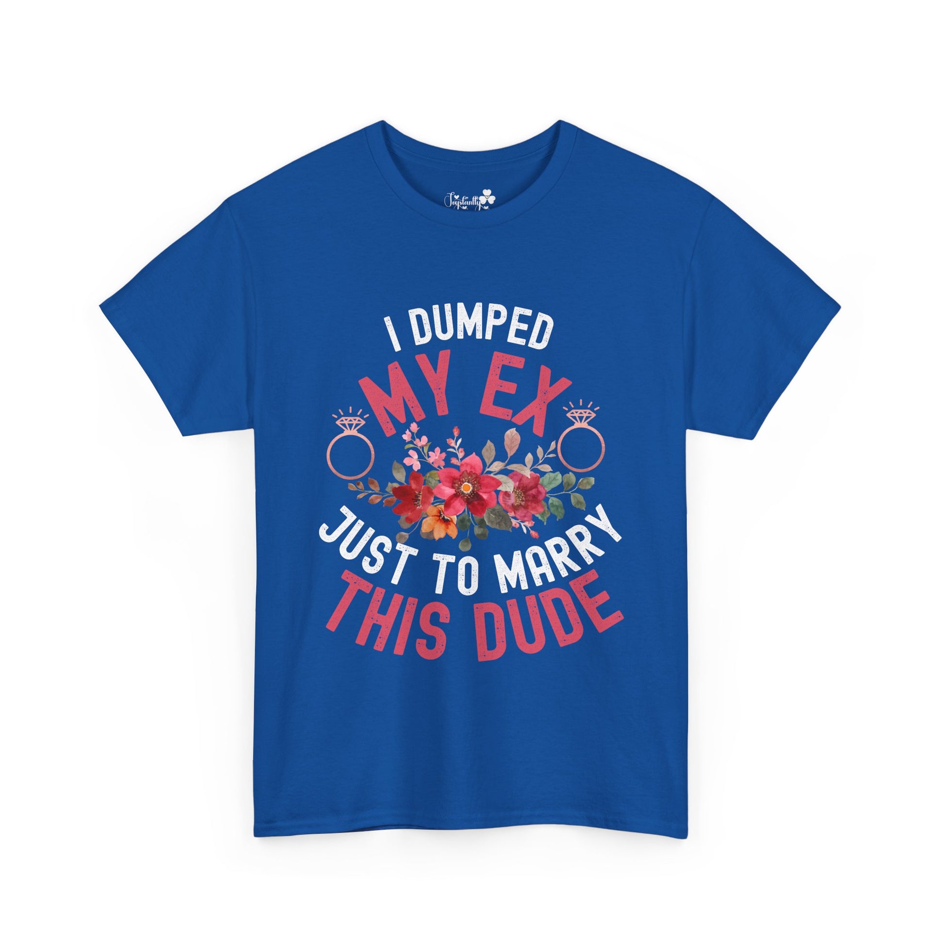 Blue t-shirt with colorful text and floral design on a white background