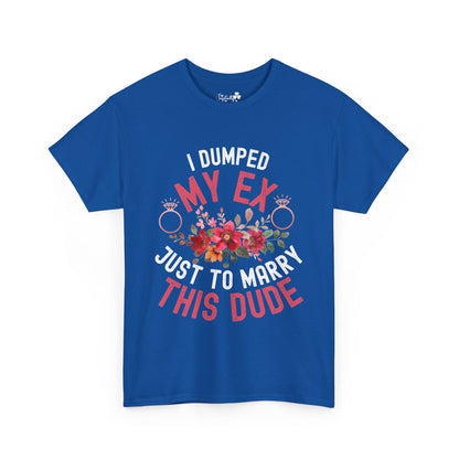 Blue t-shirt with colorful text and floral design on a white background