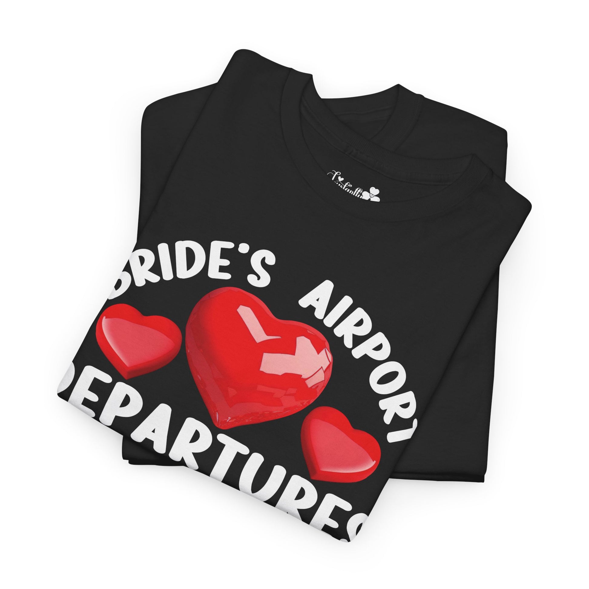 Black t-shirt with red hearts and text on a white background