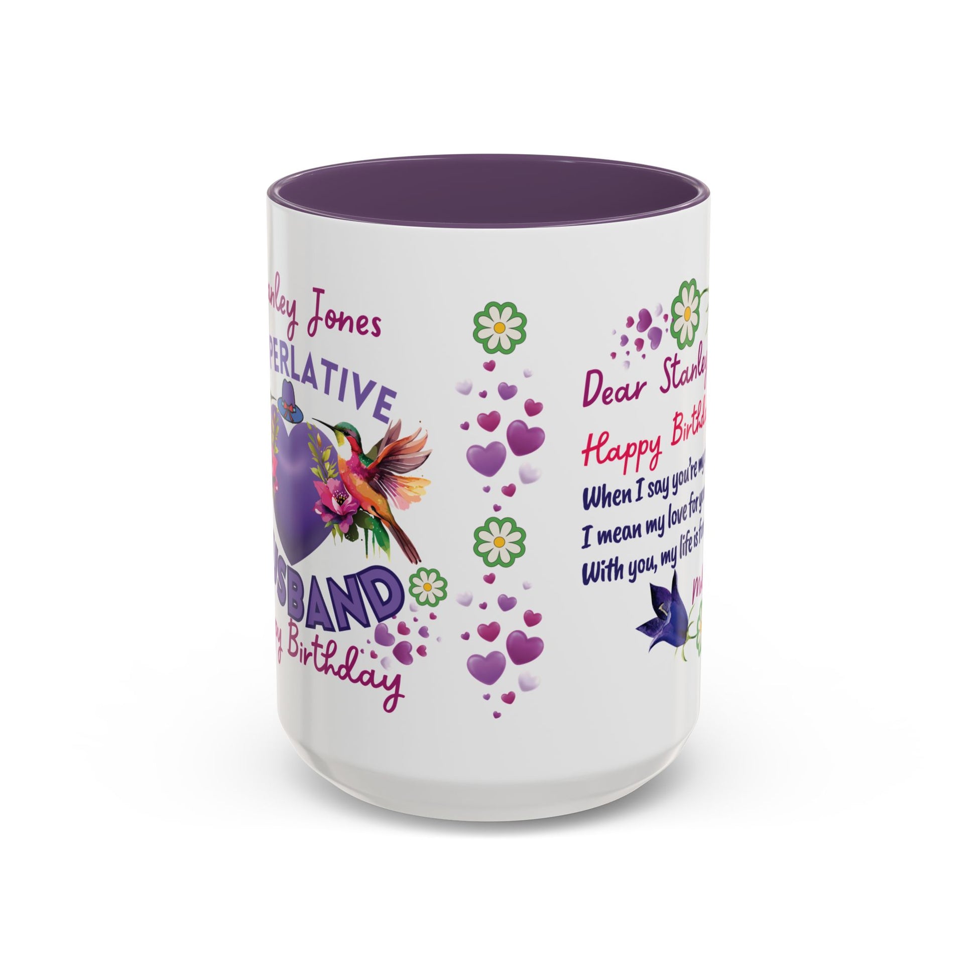 Personalized Birthday Mug for Husbands. White mug with colorful designs and text on a white background
