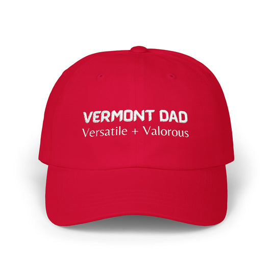 Red Baseball Cap. Best Embroidered Cap For Vermont Dads.