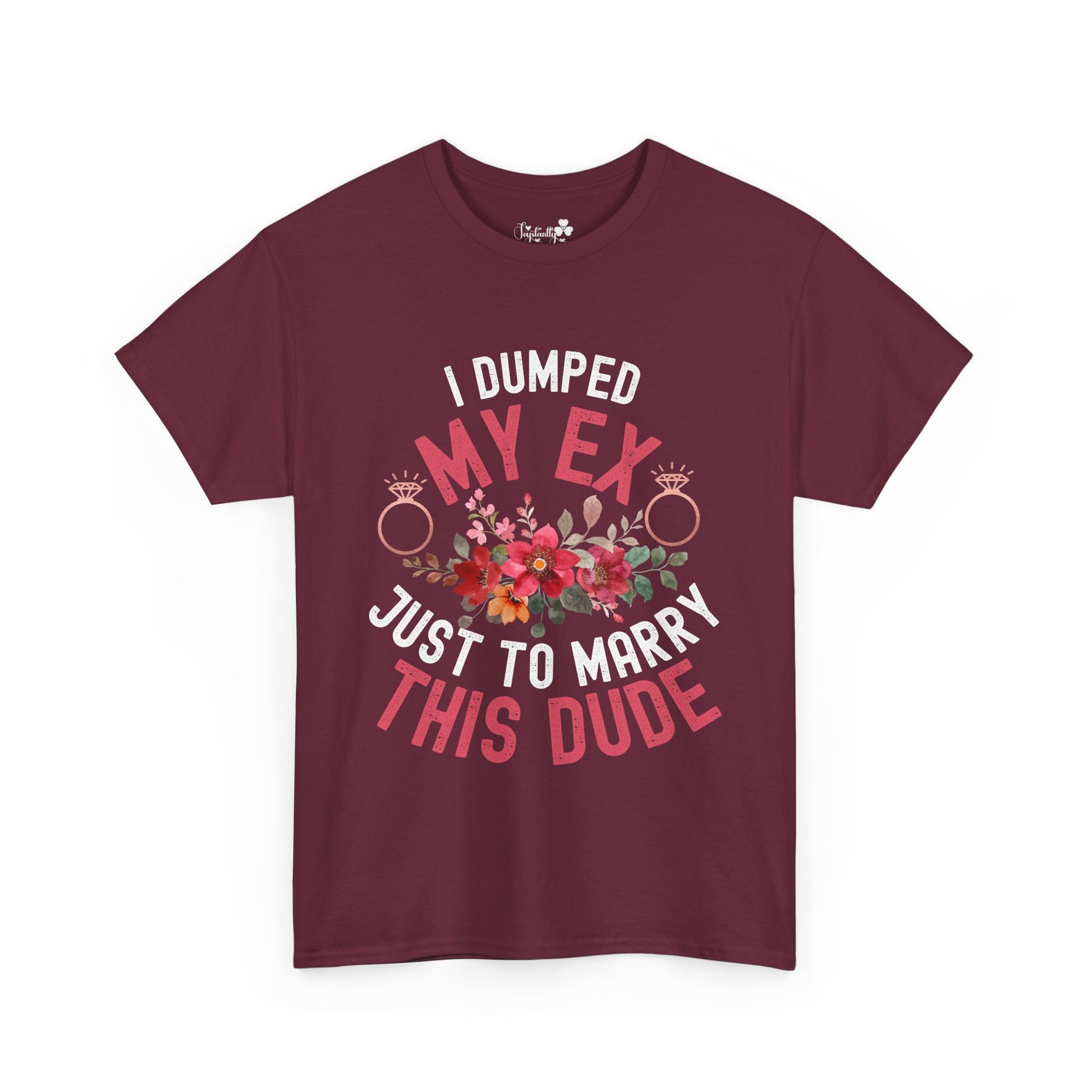 Maroon t-shirt with humorous text and floral design on a white background