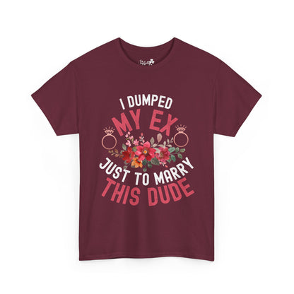 Maroon t-shirt with humorous text and floral design on a white background