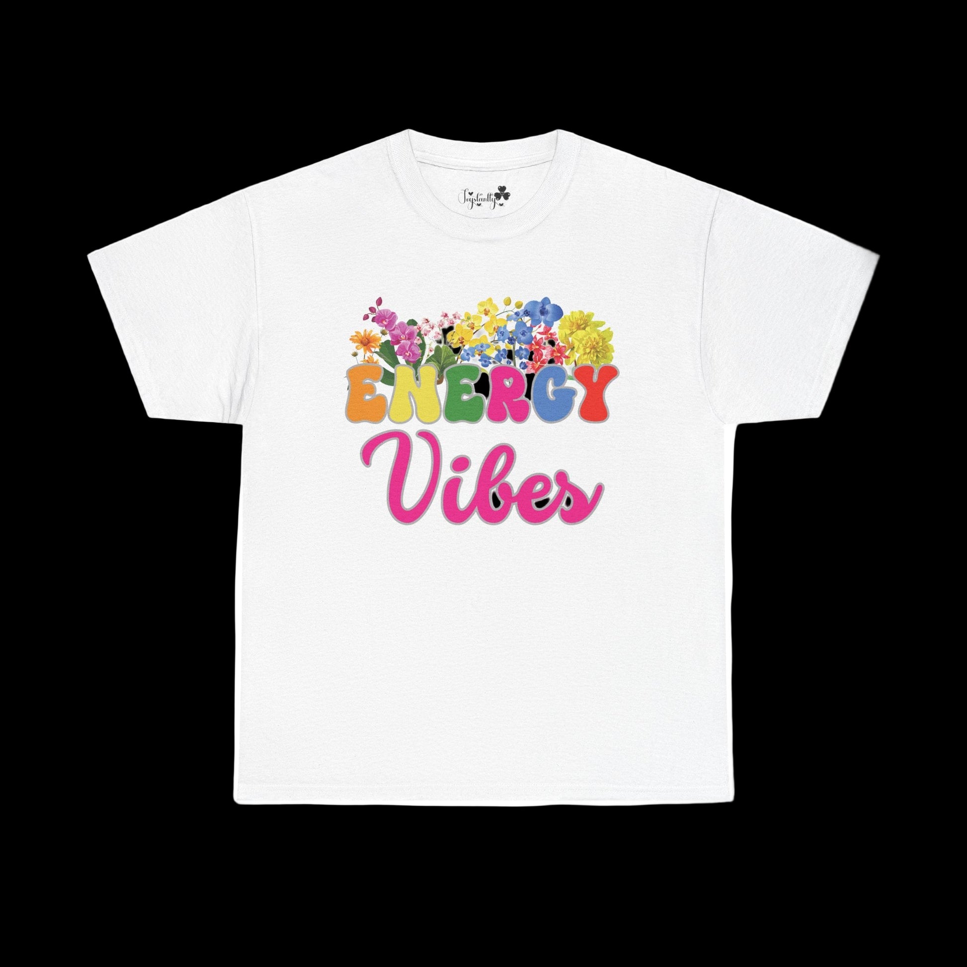 Motivational T-Shirt. White t-shirt with colorful 'Energy Vibes' text and floral design on a white background