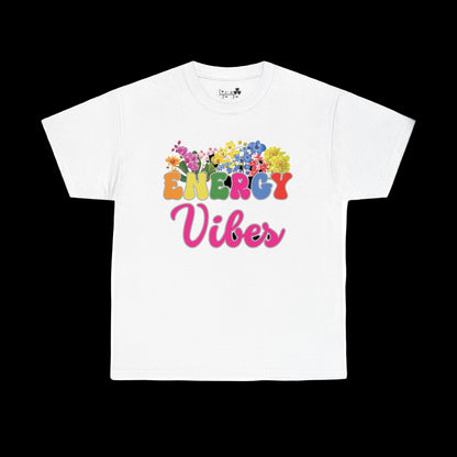 Motivational T-Shirt. White t-shirt with colorful 'Energy Vibes' text and floral design on a white background