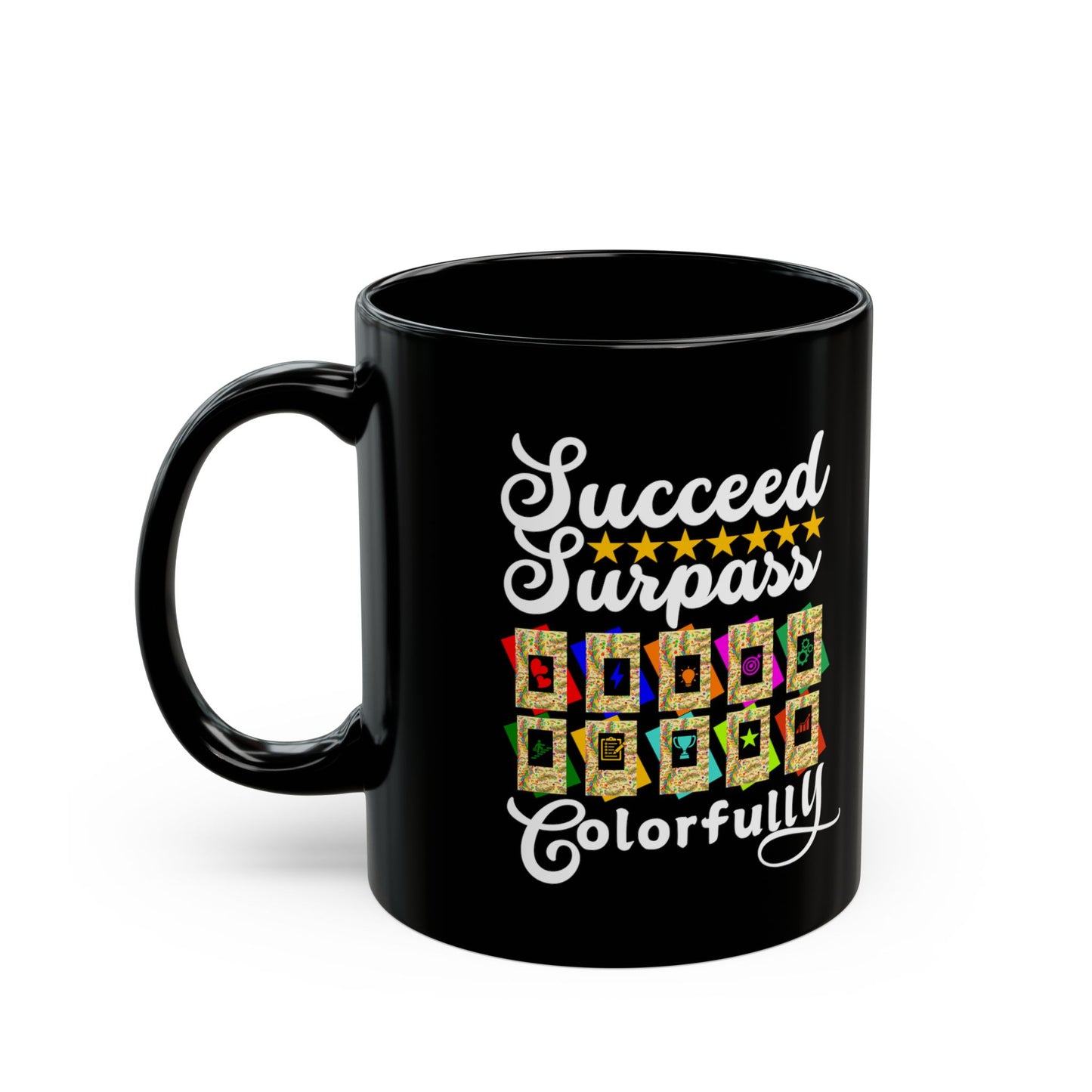 Black mug with colorful text design on a white background