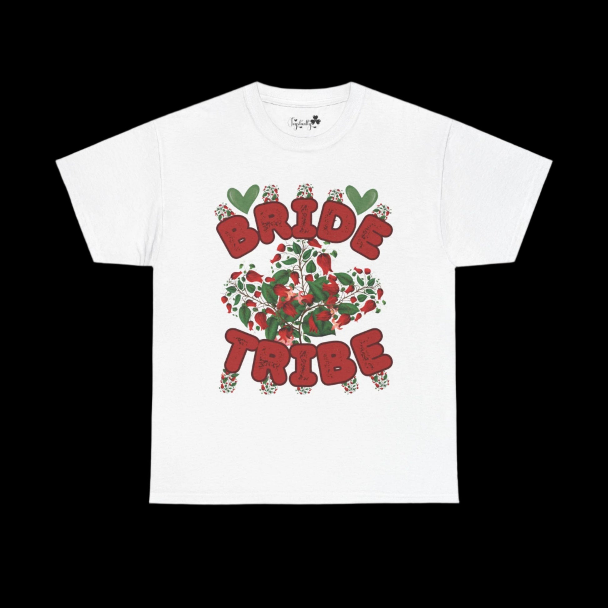 White t-shirt with 'Bride Tribe' design on a white background