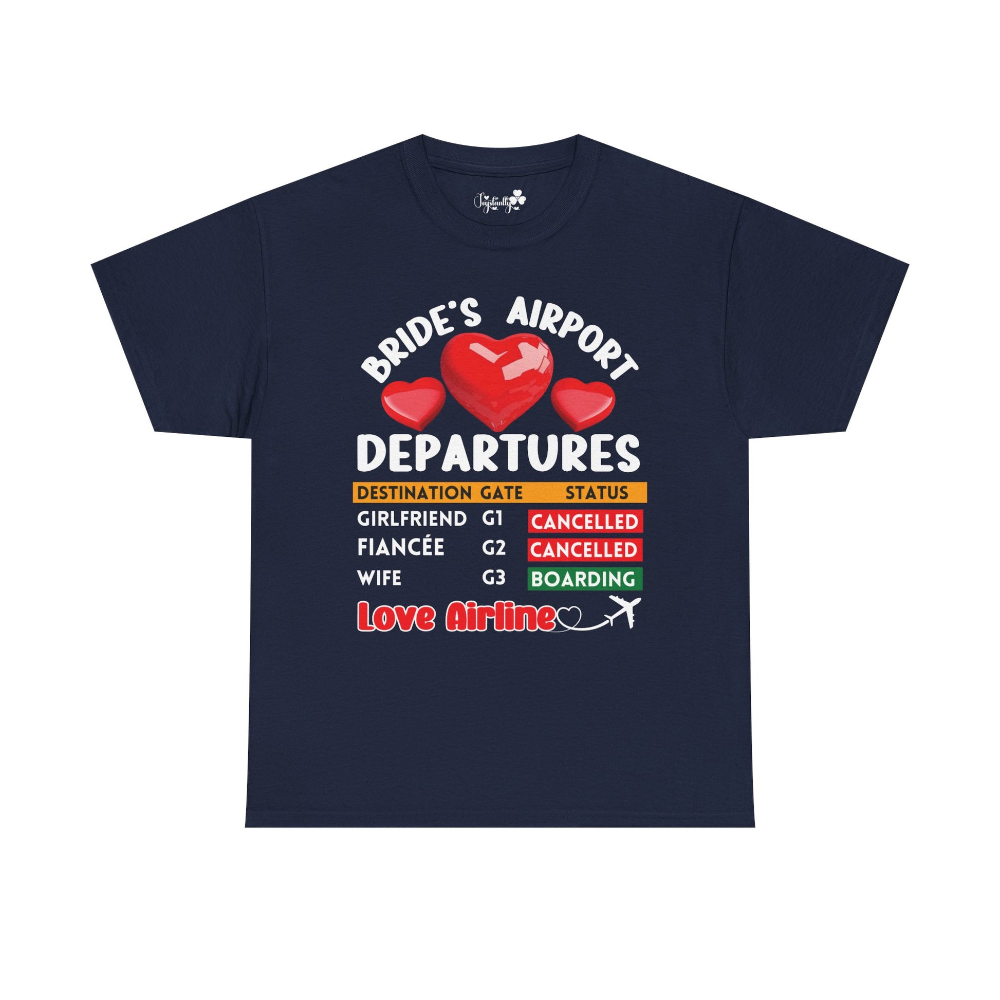 Navy blue t-shirt with humorous text design on a white background