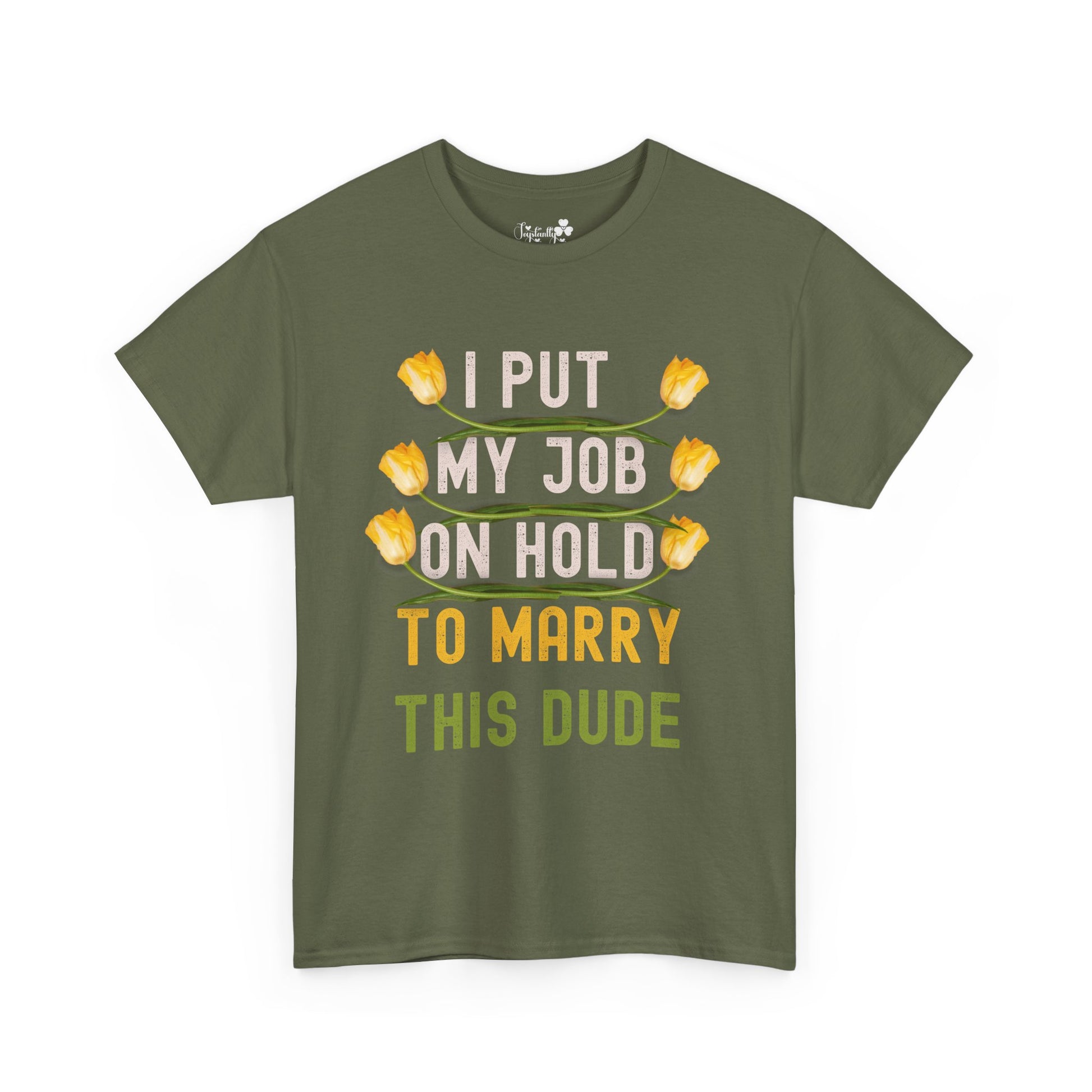Green t-shirt with text and tulip graphics on a white background