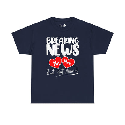 Navy blue t-shirt with 'Breaking News Mr Mrs Just Got Married' text and hearts on a white background