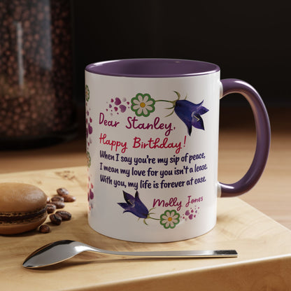 Personalized Birthday Mug for Husbands. Personalized birthday mug with floral design and text on a wooden surface with coffee beans and a spoon.