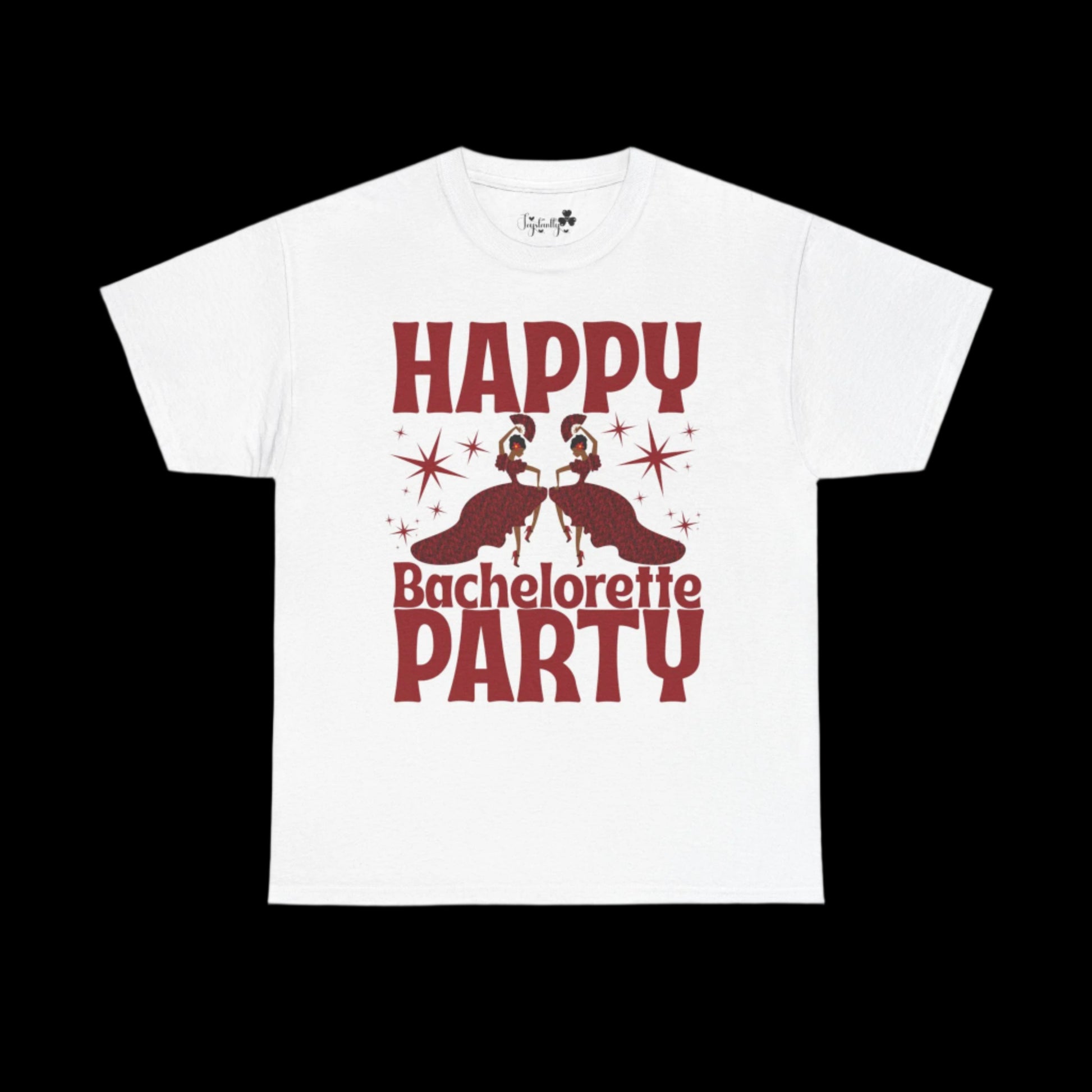 White t-shirt with 'Happy Bachelorette Party' text and graphics on a white background