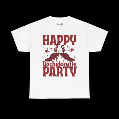 White t-shirt with 'Happy Bachelorette Party' text and graphics on a white background