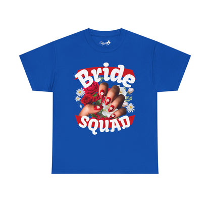 Blue t-shirt with 'Bride Squad' graphic on a white background