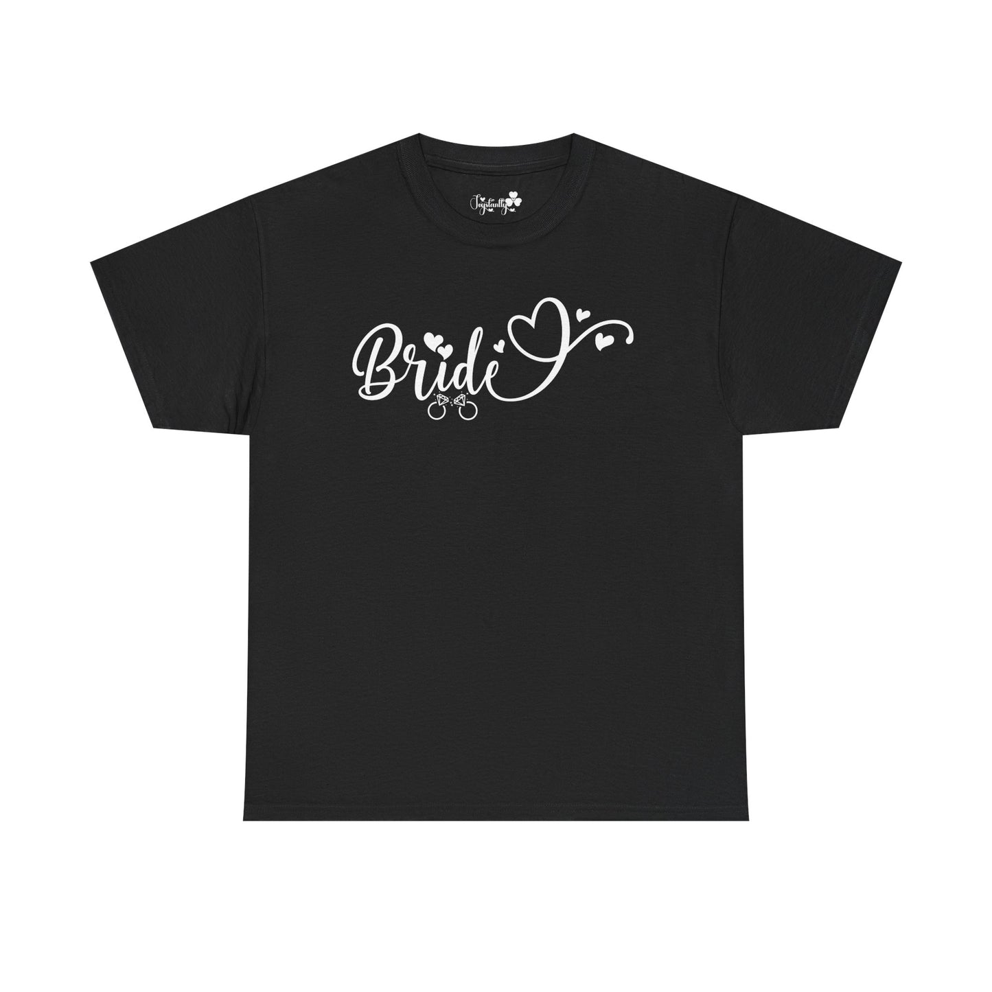 Super Shirt for Engagements, Bachelorettes, Hen and Bridal Parties. Black t-shirt with 'Bride' text on a white background