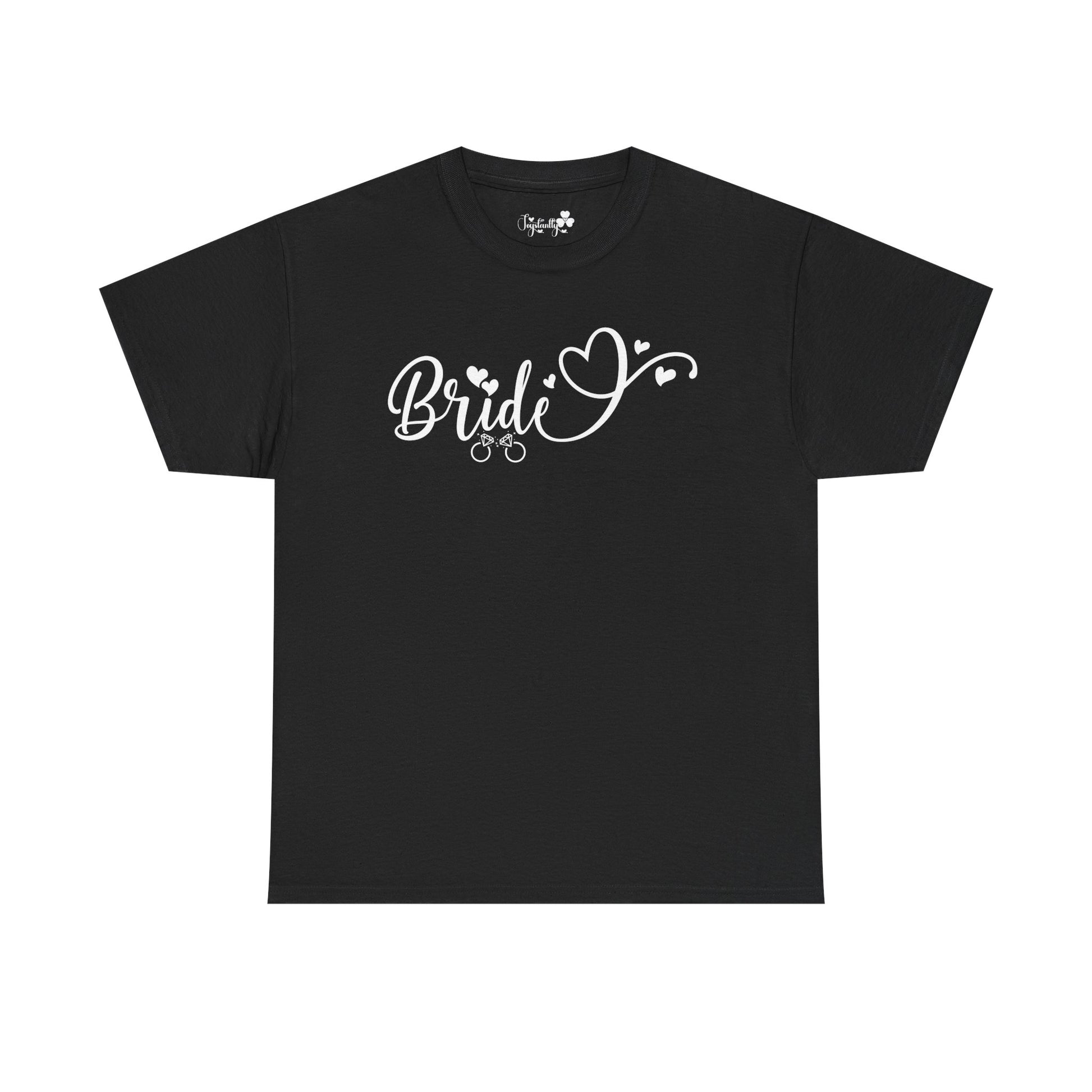 Super Shirt for Engagements, Bachelorettes, Hen and Bridal Parties. Black t-shirt with 'Bride' text on a white background