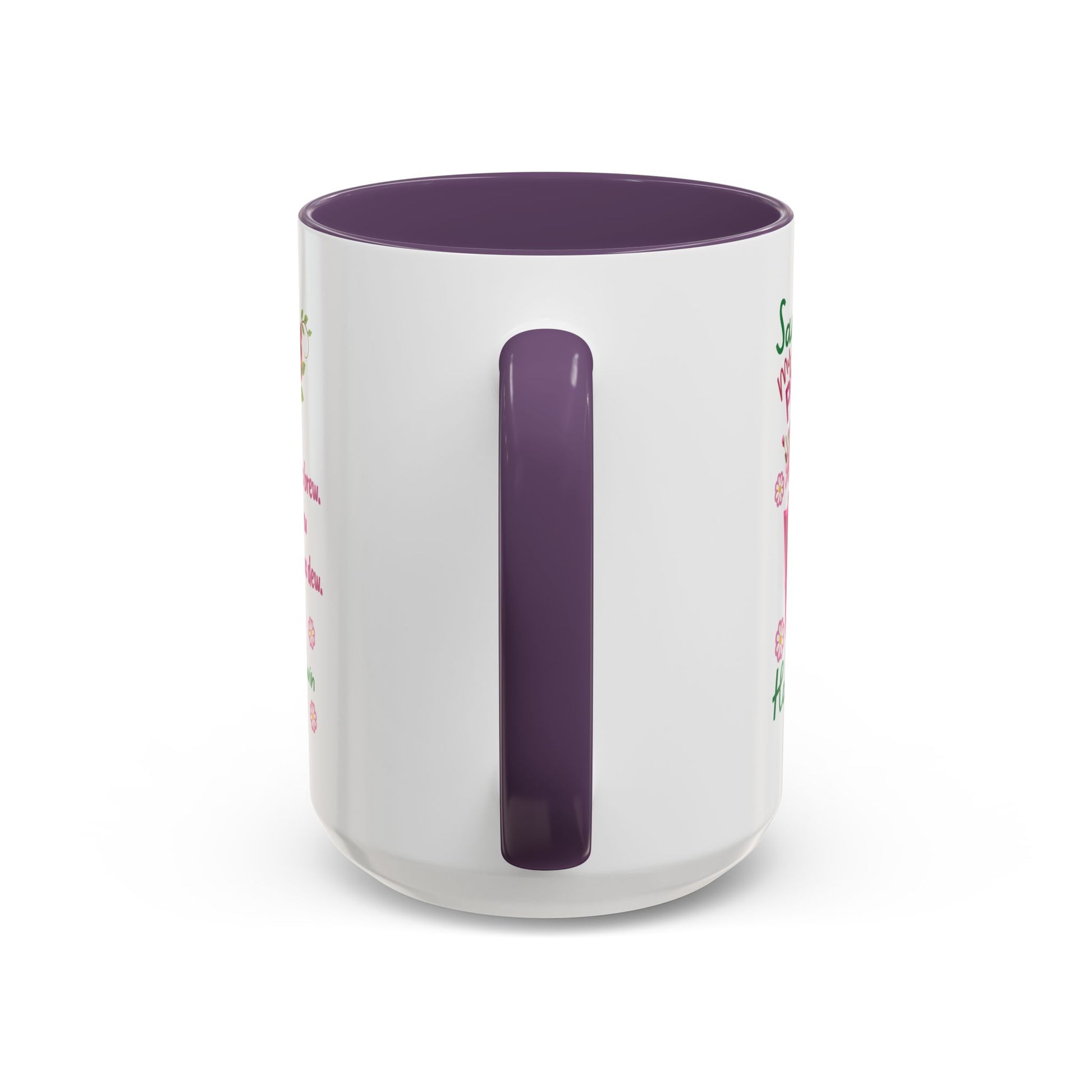 Personalized Birthday Mug for Wives. White mug with purple handle and interior on a white background