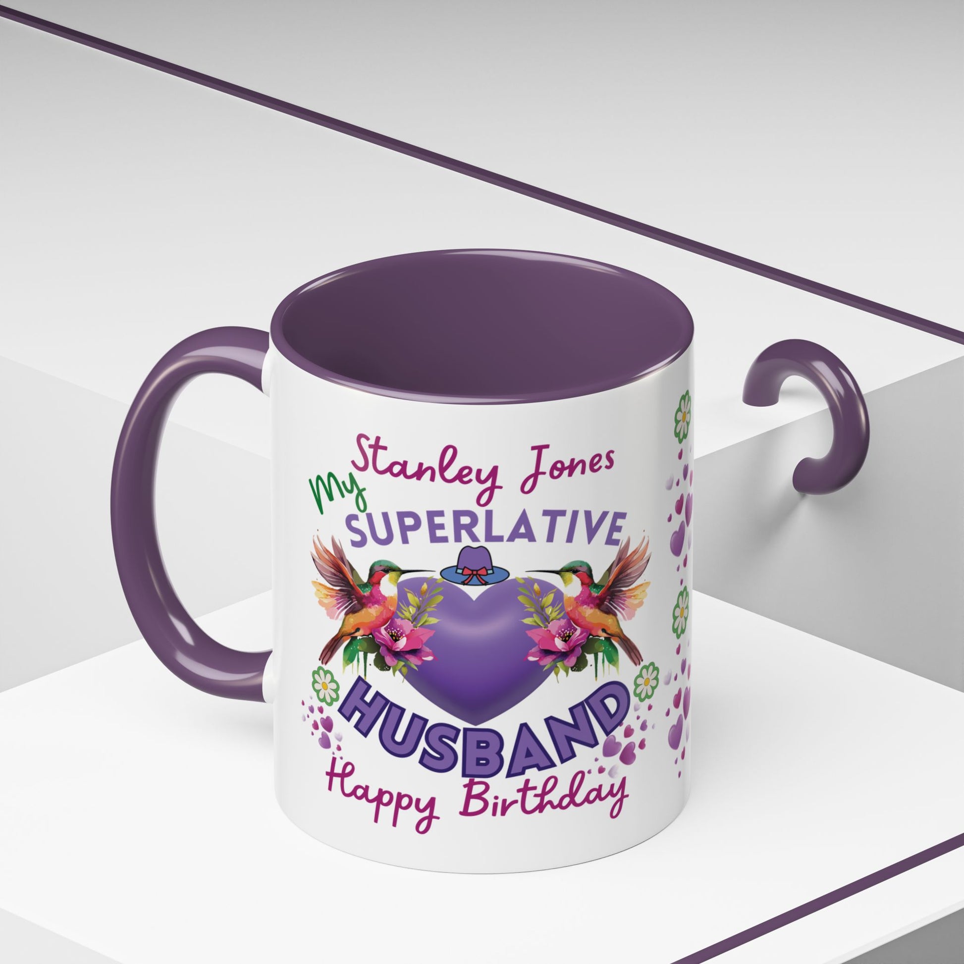 Personalized Birthday Mug for Husbands. Mug with personalized message and colorful design on a white background