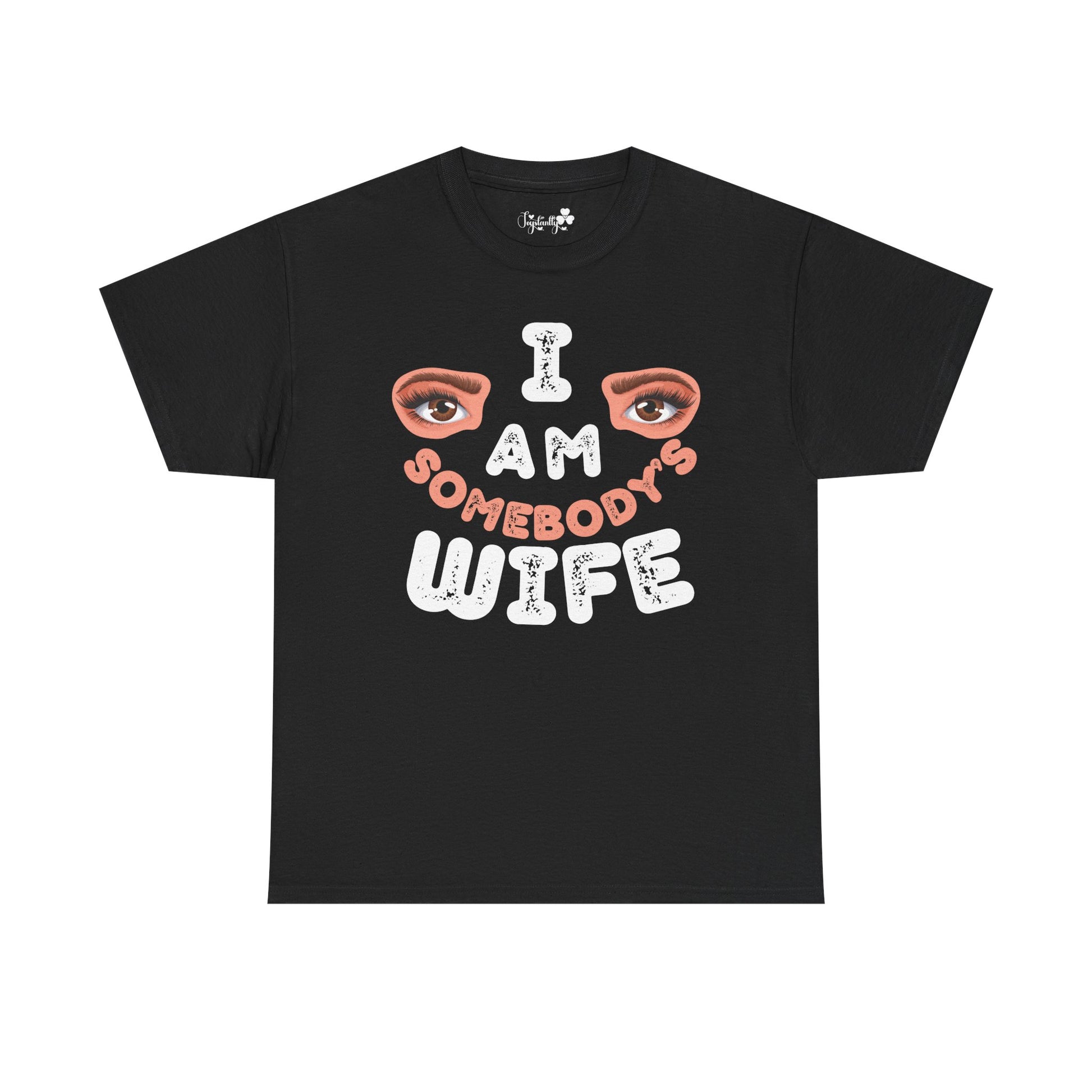 Black t-shirt with graphic text and eyes on a white background